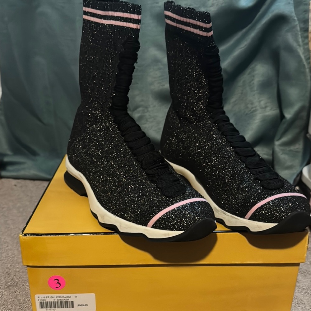 Fendi Black and Pink Glitter High-Top Sneakers